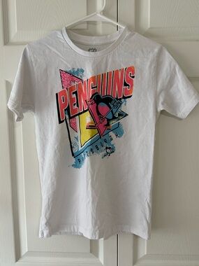 NHL Penguins White Tee with Pink, Yellow & Blue Retro Graphic